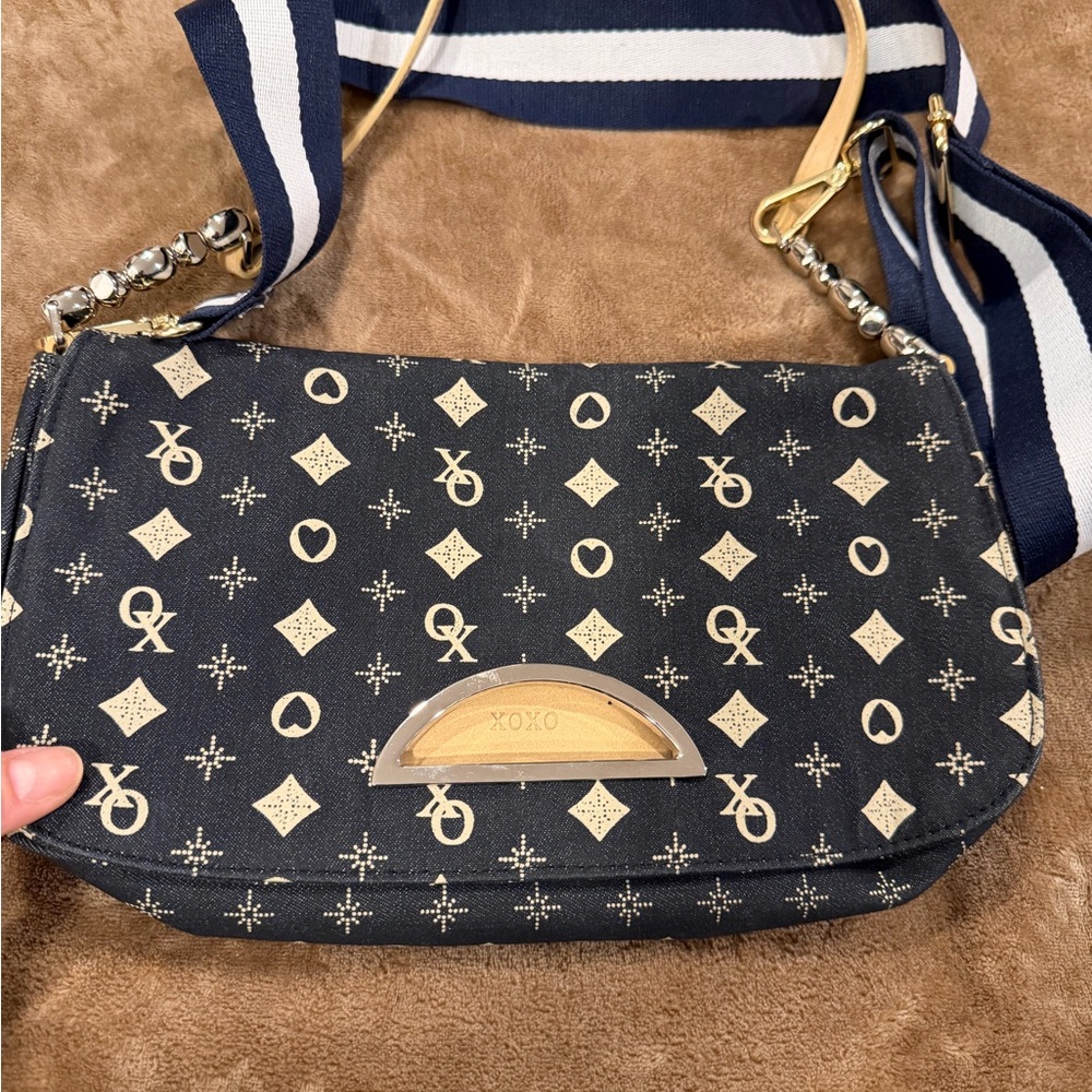 New XOXO Black Crossbody Shoulder Bag with Navy Striped Strap
